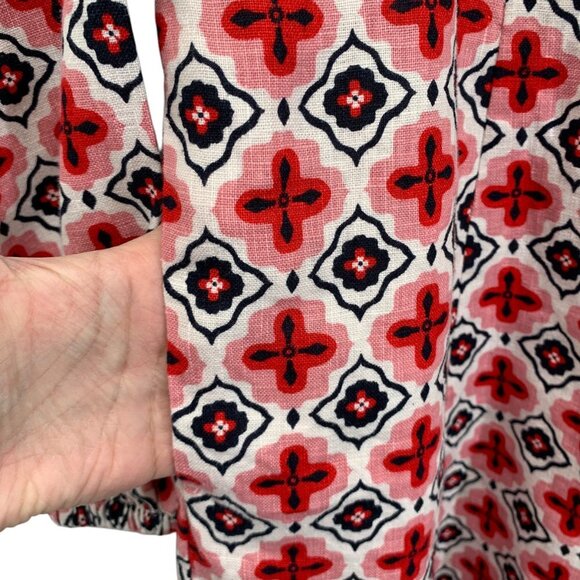 Boden Mini Dress Womens 10 White Blue Red Geometric Patterned 100% Linen Pockets - Picture 5 of 8